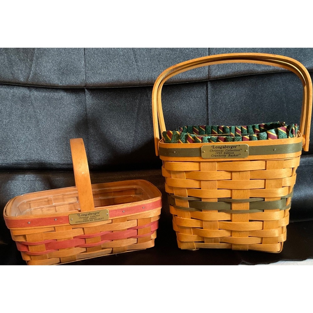 2 TWO LONGABERGER BASKETS & PROTECTORS CHRISTMAS GINGERBREAD & CRANBERRY HANDLES